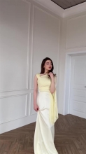 Yellow Mesh Long Sleeve Pleated Luxury Stain Evening Formal Maxi Dress