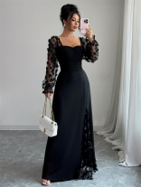 Black Square Neck Lace Long Sleeve Hollow Out Elegant Women Maxi Dress