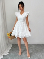 White Hollow Out V Neck Fashion Leisure Street Skirt Mini Dress