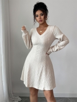 White Long Sleeve Knitting Sweaters Casual Mini Skirt Dress