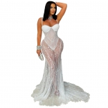 White Off Shoulder Straps Low Cut Lace See Through Sexy Party Evening Maxi Dress