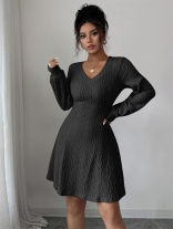 Black Long Sleeve Knitting Sweaters Casual Mini Skirt Dress