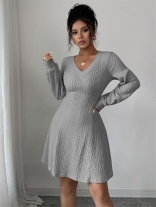 Gray Long Sleeve Knitting Sweaters Casual Mini Skirt Dress