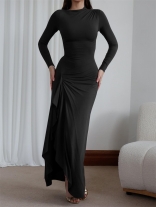 Black Long Sleeve Pleated Back Lace Up Ruffles Prom Evening Maxi Dress