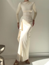 Apricot Long Sleeve Pleated Back Lace Up Ruffles Prom Evening Maxi Dress