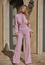 Pink Lace Hollow Out Long Sleeve Patchwork Casual Women Sexy Jumpsuit