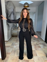 Black Lace Hollow Out Long Sleeve Patchwork Casual Women Sexy Jumpsuit
