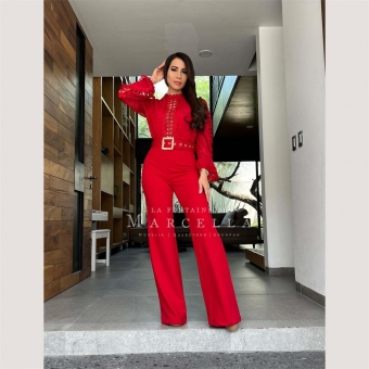 Red Lace Hollow Out Long Sleeve Patchwork Casual Women Sexy Jumpsuit
