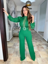 Green Lace Hollow Out Long Sleeve Patchwork Casual Women Sexy Jumpsuit
