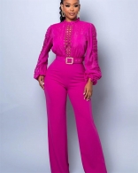 RoseRed Lace Hollow Out Long Sleeve Patchwork Casual Women Sexy Jumpsuit