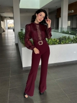 Claret Lace Hollow Out Long Sleeve Patchwork Casual Women Sexy Jumpsuit