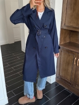 Royal Blue Long Sleeve Belted Button Pocket Fashion Casual Women Trench Coat Windbreaker