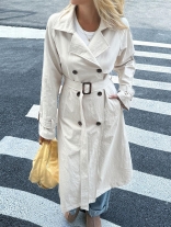 White Gray Long Sleeve Belted Button Pocket Fashion Casual Women Trench Coat Windbreaker