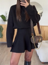 Black Knitting Long Sleeve Sweaters Women's Casual Skirt Dress