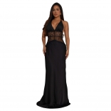 Black Halter Deep V Neck Lace Patchwork Stain Evening Luxury Party Long Dress