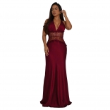 Claret Halter Deep V Neck Lace Patchwork Stain Evening Luxury Party Long Dress