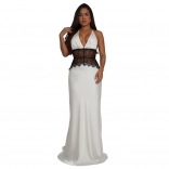 White Halter Deep V Neck Lace Patchwork Stain Evening Luxury Party Long Dress