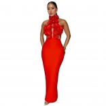 Red Sleeveless Deep V Neck 3D Flowers Bodycon Party Evening Dress