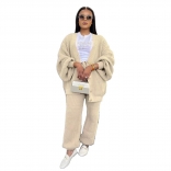 Apricot Long Sleeve Knitted Cardigan Two Pieces Causal Women Pant Sets