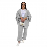 Gray Long Sleeve Knitted Cardigan Two Pieces Causal Women Pant Sets