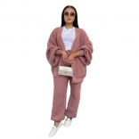 Pink Long Sleeve Knitted Cardigan Two Pieces Causal Women Pant Sets