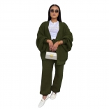 Green Long Sleeve Knitted Cardigan Two Pieces Causal Women Pant Sets