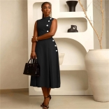 Black Sleeveless O Neck Single Breasted Pleated Midi Skirt Dress