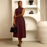 Wine Red Sleeveless O Neck Single Breasted Pleated Midi Skirt Dress