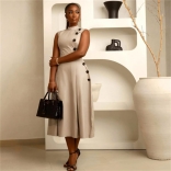 Khaki Sleeveless O Neck Single Breasted Pleated Midi Skirt Dress