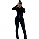 Black Long Sleeve Zipper Striped Two Pieces Pant Sets