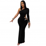 Black One Sleeve Cut Out Bodycon Women Party Long Dress