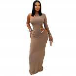 Khaki One Sleeve Cut Out Bodycon Women Party Long Dress