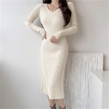 Beige Long Sleeve V Neck Knitted Yong Women Fashion Slim Midi Dress
