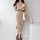Khaki Long Sleeve V Neck Knitted Yong Women Fashion Slim Midi Dress