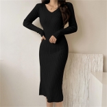 Black Long Sleeve V Neck Knitted Yong Women Fashion Slim Midi Dress