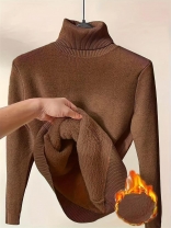 Brown Long Sleeve Knitting Sweater Velvet Winter Women Tops