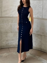 Royal Blue Sleeveless Knitting Single Breasted Slit Fashion Casual Elegant Midi Dress