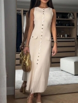 Aprioct Sleeveless Knitting Single Breasted Slit Fashion Casual Elegant Midi Dress