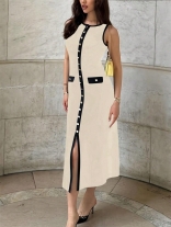 Beige Sleeveless Knitting Single Breasted Slit Fashion Casual Elegant Midi Dress