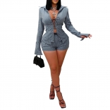 Gray Lace Up Sexy Crop Tops Hot Short Party Two Pieces Sets