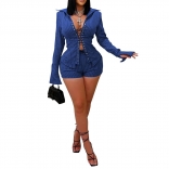 Blue Lace Up Sexy Crop Tops Hot Short Party Two Pieces Sets