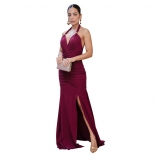 Wine Red Halter V Neck Elegant Pleated Split Evening Long Dress