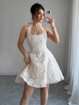 White Straps Square Neck Lace Hollow Out Women Elegant Skirt Mini Birthday Dress