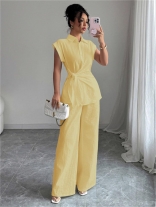 Yellow Cotton Linen Short Sleeve Single Breasted Top Casual Women Pant Sets Dress
