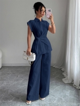 Royal Blue Cotton Linen Short Sleeve Single Breasted Top Casual Women Pant Sets Dress