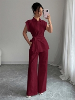 Wine Red Cotton Linen Short Sleeve Single Breasted Top Casual Women Pant Sets Dress