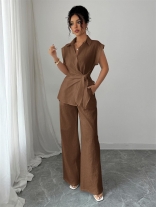 Brown Cotton Linen Short Sleeve Single Breasted Top Casual Women Pant Sets Dress