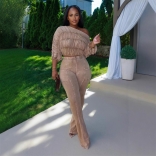 Beige Half Sleeve Pleated Fashion Tops Lace Up Waisted Bodycon Pant Sets Dress