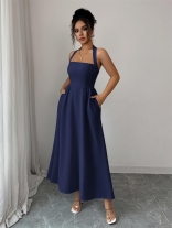 Royal Blue Straps Low Cut Sexy Women Pleated Casual Midi Dress