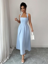 Blue Straps Low Cut Sexy Women Pleated Casual Midi Dress